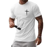 iudam Camisetas de algodón para hombre, cuello redondo, manga corta, camiseta con estampado de cruz de Jesús, informal, ajustada, camiseta de verano, camiseta con fe en Cristo, Blanco, L