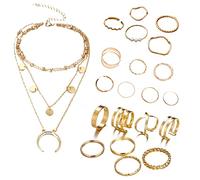 IUDWCG - 22 Pcs Vintage de oro de longitud media anillo de dedo conjunto y collar de varias capas con estilo bohemio para las niñas accesorios de moda