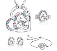 IUDWCG 5 Pcs Collar Unicornio Niñas Anillo Unicornio Pendientes, Set Joyas Unicornio Niños, Collar Corazón Unicornio Niños Hija
