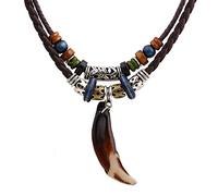 Iuhtrb Collar con colgante de diente de perro retro, ajustable, cordón de cuero marrón, para hombre y mujer, gargantilla de doble capa, soporte para dientes de perro