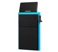 Iuhtrb Funda resistente para tarjetas con ranuras ajustables, 8 organizadores de aluminio de capacidad para viajes de negocios, mecanismo deslizante lateral, protector de tarjetas, azul/negro