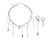 Iuhtrb Pendientes con colgante de corazón en capas y collar y perlas, gargantilla de joyería para mujeres y niñas, collar de corazón asimétrico ajustable, talla única, como se describe, como se