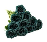 IUKnot 10 Rosas Artificiales Abiertas para arreglos de Boda, Ramo de Novia, Centro de Mesa, Flores Falsas de Seda sintética (Verde Esmeralda)