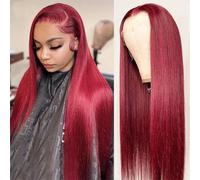 Iuscacey Borgoña 99J Peluca frontal de encaje rojo HD 13X4 Pelucas de pelo humano Peluca frontal de encaje recto pre desplumado Pelo humano Wisg,14inches