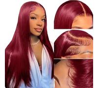 Iuscacey Color Rojo Recto 99J Borgoña Recto 13X4 HD Encaje Frente Peluca de Pelo Humano Pelucas Frontales de Encaje Red Remy 180 Densidad,12inches