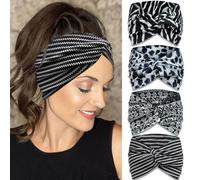 IVARYSS Diademas bohemias extra anchas para mujer, antideslizantes, de 7 pulgadas, grandes, anudadas, elásticas, accesorios para el cabello, paquete de 4, blanco y negro