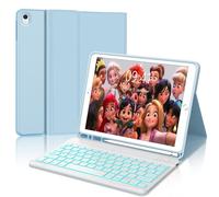 IVEOPPE Teclado iPad Multifuncional con Funda Bluetooth Ñ Retroiluminación para iPad 9/8/7, Air 3, Pro 10.5 - Azul Cielo