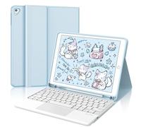 IVEOPPE Teclado para iPad 6/5 generacion 9.7"/Air 2/Air 1/Pro 9.7 con Touchpad, Funda Teclado Trackpad Español Ñ QWERTY Bluetooth Desmontable para iPad 2018, Azul Cielo