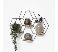 IVOL Estantería de pared de metal en forma de panal de 4 estantes de madera - 40,5 x 58 cm - Negro - Estantería colgante de pared para salón - Estantería de pared para salón - Decoración de pared