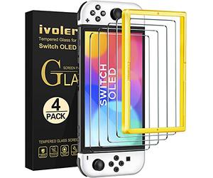 ivoler 4 Piezas Protector de Pantalla Compatible con Nintendo Switch OLED Modelo 7 Pulgadas 2021 Modelo, Incluye Marco de Instalación Fácil, Cristal Vidrio Templado Premium