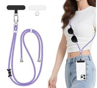 ivoler Cordon para Movil Universal, Cuerda para Movil Ajustable con 2 Parches Duraderos y Lazo de Cuero Negro, Compatible con Todos Los Teléfonos Inteligentes y la Mayoría de los Funda - Morado