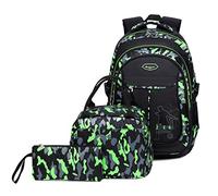 IvyH Mochilas Escolares Juveniles, Mochila Niño Camuflaje 3 en 1 Bolsas Escolares Impermeables Gran Capacidad(Verde)
