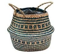 Ivyline Cesta tribal forrada en color verde azulado, calidad premium, hecha a mano e impermeable, cesta de junco marino con asas para plantas de interior, 30 cm de alto x 35 cm de profundidad