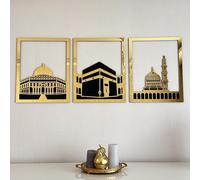 IWA CONCEPT Masjid Al Aqsa, Masjid Al-Haram & Masjid An-Nabawi Arte islámico de pared | Decoración de pared de madera acrílico Kaaba | de Ramadán | Regalo musulmán | (pequeño, dorado | los tres)