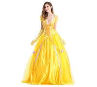 IWEMEK Disfraz de Bella para mujer, para adultos, Halloween, carnaval, fiesta, princesa, vestido amarillo con guantes, amarillo, XXL