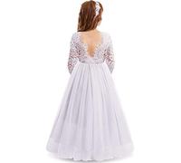 IWEMEK Pestañas Espalda Desnuda V-Back Encaje Tul Maxi Vestido Manga Larga Niña Boda Honor Vestidos de Fiesta Ceremonie Primera Comunión Fiesta Cumpleaños Vestidos para Niños, blanco, 5-6 Años
