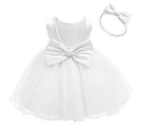 IWEMEK Vestido de princesa tutú con cuentas y espalda descubierta, sin mangas, con diadema, para cumpleaños, bautizo, primera comunión, vestido de dama de honor, boda, fiesta de graduación, blanco,