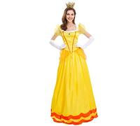 IWEMEK Vestido largo de margaritas y melocotón para mujer, manga abombada, con guantes y accesorios de corona, conjunto de disfraz de princesa para adultos, disfraz de concurso, amarillo, XL