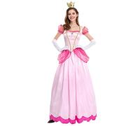IWEMEK Vestido largo de margaritas y melocotón para mujer, manga abombada, con guantes y accesorios de corona, conjunto de disfraz de princesa para adultos, disfraz de concurso, color rosa, talla M