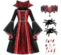 IWFREE Disfraz de Vampiro Niña, Gótico Vintage Escote Alto Encaje Vampiro Reina Vestido de Baile y Collar Pinza Pegatinas Set para Cosplay Halloween Carnaval Fiesta Mascarada Vestido, 5-14 años