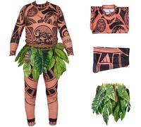 IWFREE Maui Disfraz Hombre Cosplay Vaiana Semidiós Maui Manga Larga Estampado Top Pantalón Cinturón Hoja Set para Halloween Navidad Carnaval Fiesta Cumpleaños Mascarada Costume, S-XXL