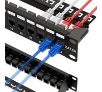iwillink Panel de conexión Cat6A de 10 Gbps de 24 puertos, panel de conexión Keystone UTP de 19 pulgadas con barra trasera, montaje en pared o montaje en rack, compatible con cableado Cat5, Cat5e