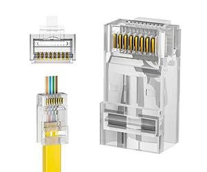 iwillink Paquete de 50 conectores de paso RJ45 Cat6, conectores de crimpado de cable Ethernet, enchufe de red UTP para cable sólido y cable estándar, chapado en oro