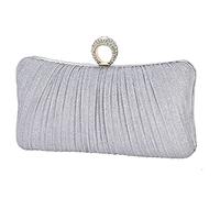 iWISH Bolso de mano plisado con purpurina dorada para mujer, para novia, boda, fiesta, con anillo de diamantes de imitación, plateado, Small