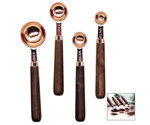 iwobi 4 cucharas medidoras de acero inoxidable, chapadas en cobre, con mango de madera, oro rosa