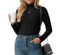 IWOLLENCE Jersey de mujer con cuello redondo de manga larga, suéter delgado de otoño, suéter de punto fino elegante, suéter básico de punto de canalé para mujer, Negro , XXL