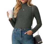 IWOLLENCE Jersey de mujer con cuello redondo de manga larga, suéter delgado de otoño, suéter de punto fino elegante, suéter básico de punto de canalé para mujer, Verde militar., XXL