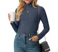 IWOLLENCE Jersey de mujer con cuello redondo de manga larga Suéter delgado de otoño Suéter elegante de punto fino Suéter básico de punto de canalé para mujer, azul, XXL