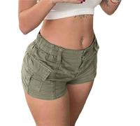 IWOLLENCE Pantalones cortos cargo de algodón para mujer, pantalones cortos Y2K de mezclilla de tiro bajo, pantalones cortos de verano con 2 bolsillos y cintura elástica, Ejercito Verde, M