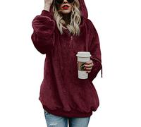 iWoo Sudaderas de forro polar para mujer, casual, doble peluda, esponjosa, color sólido, cálida, elegante, cremallera de 1/4 con bolsillos, Jersey rojo vino, L