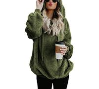 iWoo Sudaderas de Forro Polar Teddy para Mujer Casual Doble Difuso Mullido con Capucha Color Sólido Cálido Elegante Pullover con Cremallera 1/4 y Bolsillos, S