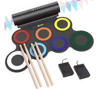 IWORD Juego de batería electrónica, almohadilla de práctica de batería enrollable con conector para auriculares, altavoz integrado, pedales de batería, baquetas de batería, 10 horas de reproducción