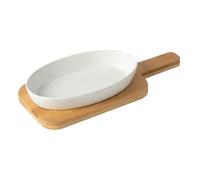 IWOWHERO Bandeja de Cerámica para Hornear Ovalada Resistente Altas Temperaturas con Soporte de Madera Multifuncional para Horno y Microondas Apta para Ensaladas y Platos Caseros