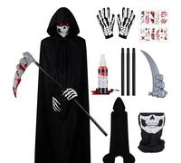 IWTBNOA Disfraz de Parca de Halloween, Disfraz de la Muerte Niño, Adultos Capa Negra con Capucha con Máscara de Calavera, Guantes, Guadaña para Halloween Fiesta Carnival Costume Cosplay
