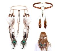 IWTBNOA Juego de tocado indio indio, disfraz indio indio indio, diadema de plumas, pendientes de plumas, collar de piel, juego de joyas bohemias para hippie, vintage, carnaval, Norm, Poliéster, No es