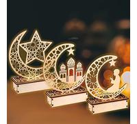 IWTBNOA Madera de Eid Mubarak Decoración, 3 Piezas Mubarak Ramadán Luces LED, DIY Mubarak Moon Lámpara de Mesa para el hogar, oficina, decoración de Ramadán, Regalos Eid Mubarak