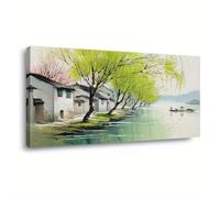 IXEHOH Arte Mural en Lienzo Paisaje Pueblo Asiático, Pintura Escena Río Sereno Decoración Pared, Estilo Acuarela Naturaleza Obras de Arte, Impresiones Agua Tranquila para Salón 70x150cm