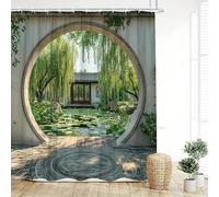 IXEHOH Cortina de Ducha con diseño de jardín Chino Tradicional,Camino Circular de Piedra,vegetación exuberante,Estanque Tranquilo y pabellón ornamentado,decoración de baño con 12 ganchos/185 x 190 cm