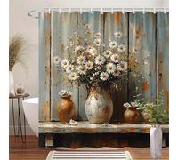 IXEHOH Cortina de Ducha rústica con Margaritas Blancas y bodegón,Estilo Vintage,para baño,de poliéster,Lavable a máquina,12 Ganchos (90x190 cm/35x75 Pulgadas[anchoxalto)