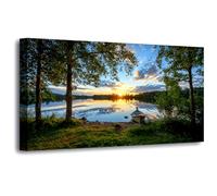 IXEHOH Cuadro en Lienzo Atardecer en el Lago Paisaje Natural Decoración de Pared Bote en el Agua Pintura Horizontal para Salón Dormitorio Oficina Arte Estético Moderno 60x120cm