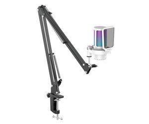 IXTECH Micrófono para juegos para PC con brazo de brazo, micrófono condensador de podcast con filtro pop, botón de silencio rápido, perilla de ganancia, brazo de micrófono y micrófono de computadora