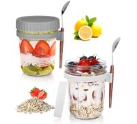 Ixydor Juego de 2 Tarros de Avena Nocturna, Overnight Oats Jar, Mason para Yogur, con Tapa y Cuchara, Tarros de Cristal para llevar con leche, yogur, cereales, verduras y frutas,350ml