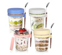 Ixydor Juego de 4 Tarros de Avena Nocturna, Overnight Oats Jar, Mason para Yogur, con Tapa y Cuchara, Tarros de Cristal para llevar con leche, yogur, cereales, verduras y frutas,350ml