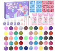 Ixydor Juego de tatuajes con purpurina para niños, kit de tatuaje temporal, 50 colores en polvo brillante, 139 plantillas, 4 pegatinas de purpurina, 5 pegamentos, 5 pinceles, 2 esponjas, regalo para