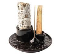 Iyalezirk Portavelas - 4 en 1 incienso y portavelas - Porta incienso de cerámica para recoger cenizas, bandeja para meditación habitación negro