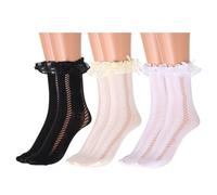 IYOU 3 Pares Calcetines Hasta Rodilla Negro Lazos Volantes Tobilleras Calcetines Boda Comunión Malla Encaje Ojal Recortar Calcetines para Niñas